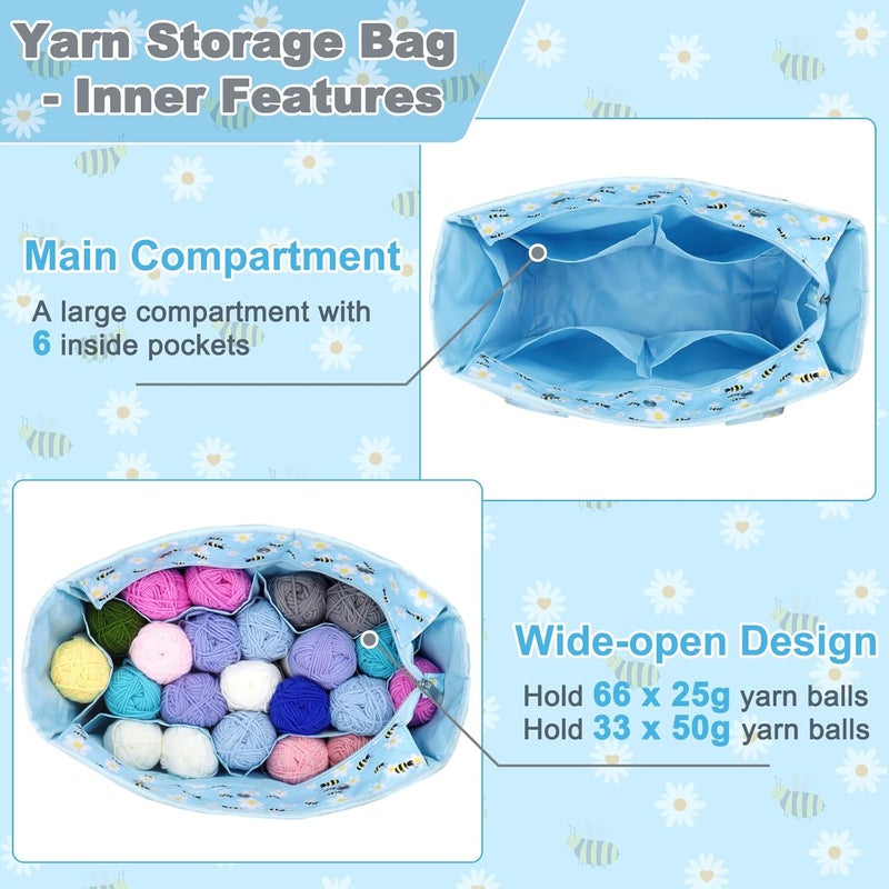 Aeelike Yarn Storage Organizer Travel Crochet Bag, Large Capacity Tote Bag Knitting Bag for Carrying Projects, Knitting Needles, Crochet Hooks and Yarn, Blue Floral and Bees - Image 4